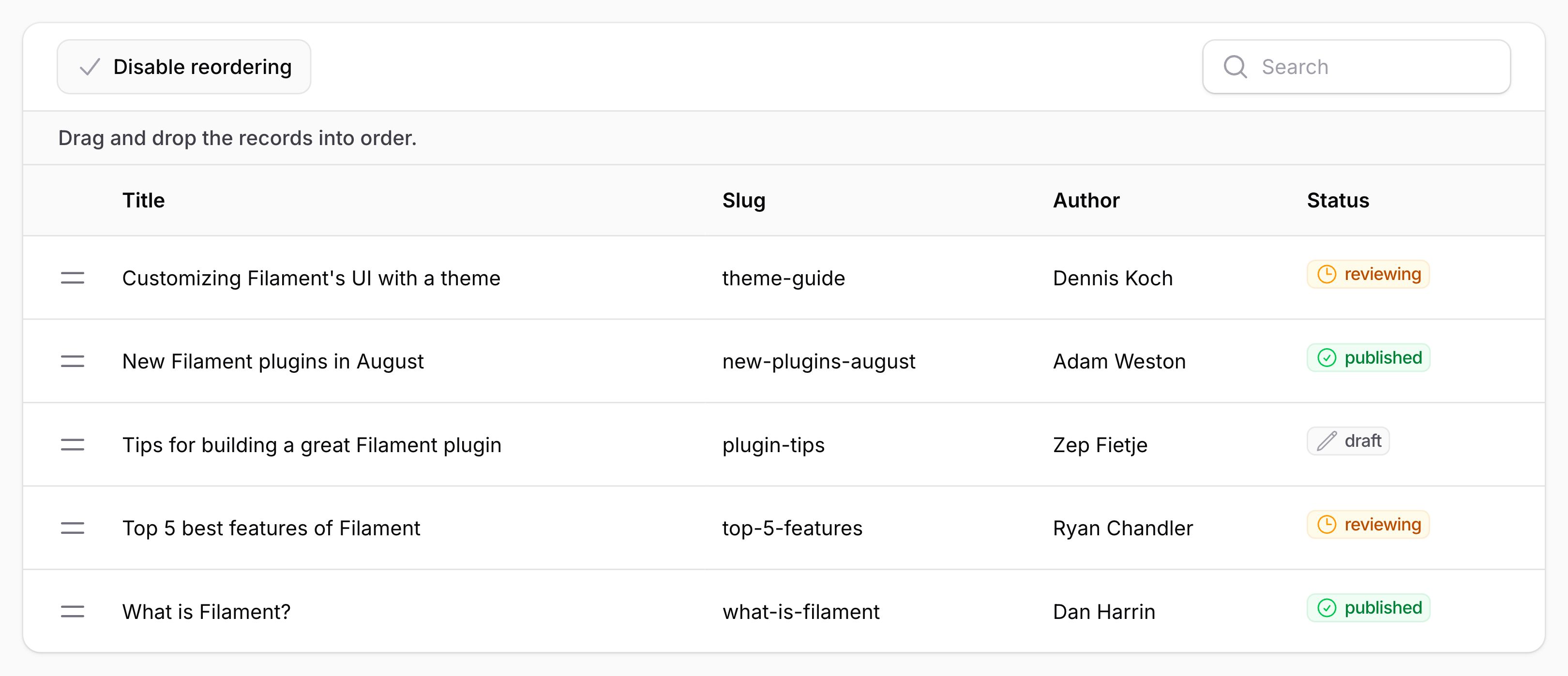 Table with reorderable rows and a custom trigger action
