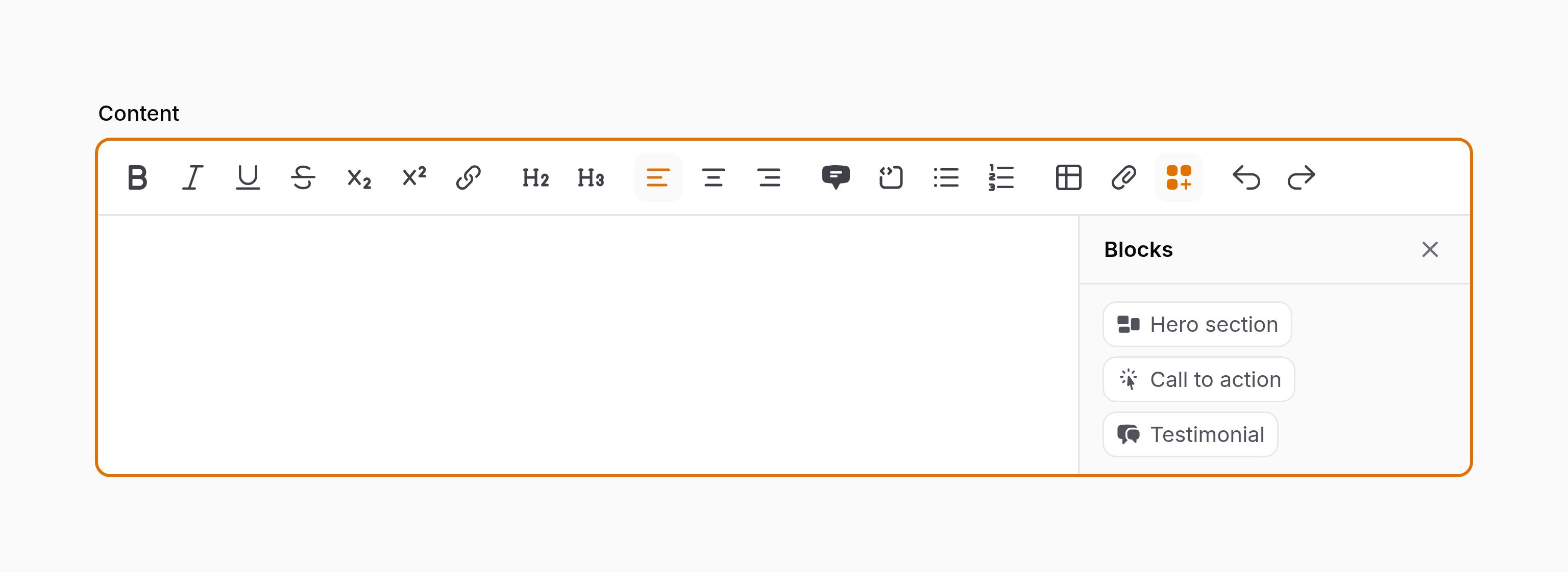 Rich editor with custom blocks panel open