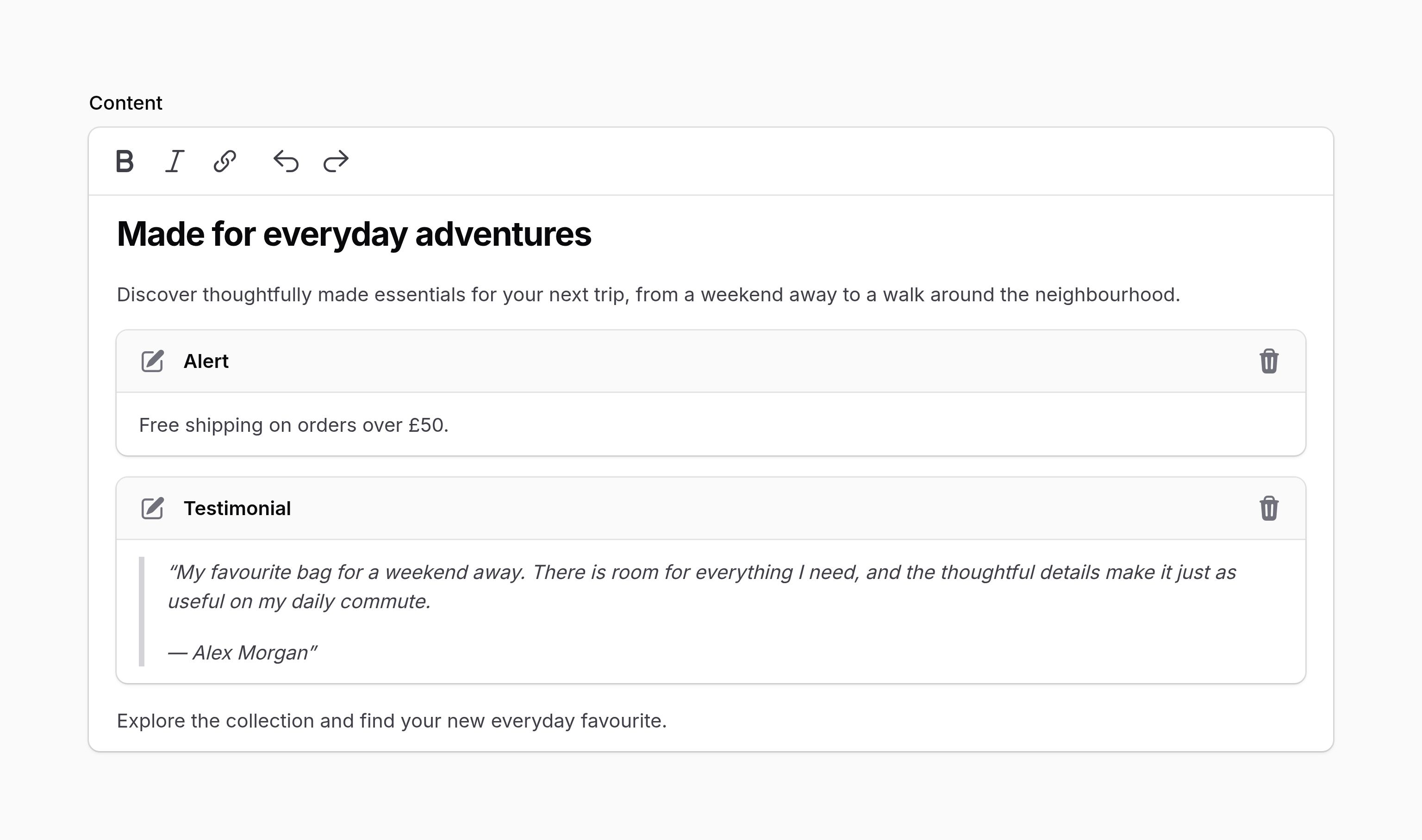 Rich editor with custom block previews and normal controls