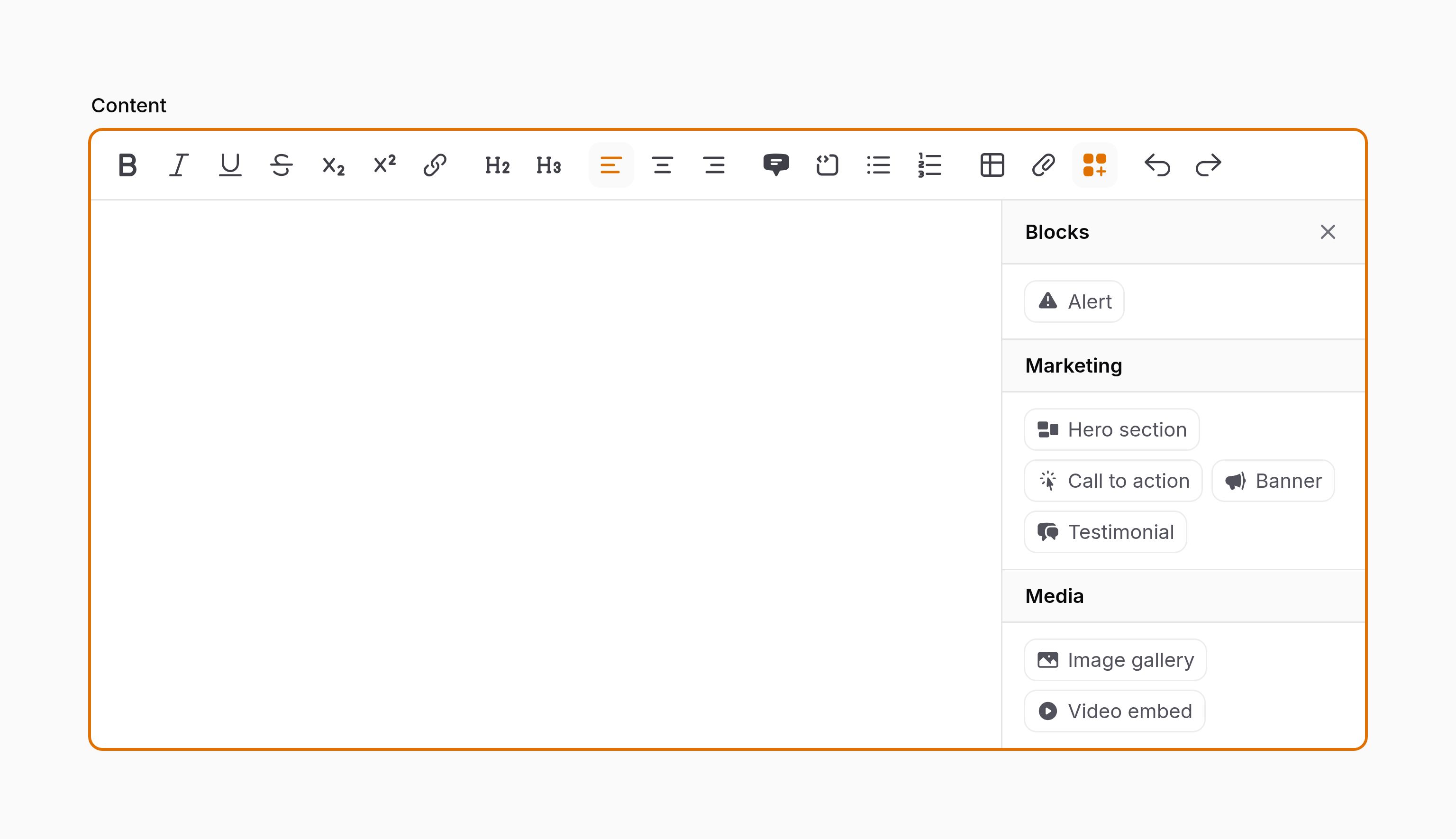 Rich editor with grouped custom blocks panel open