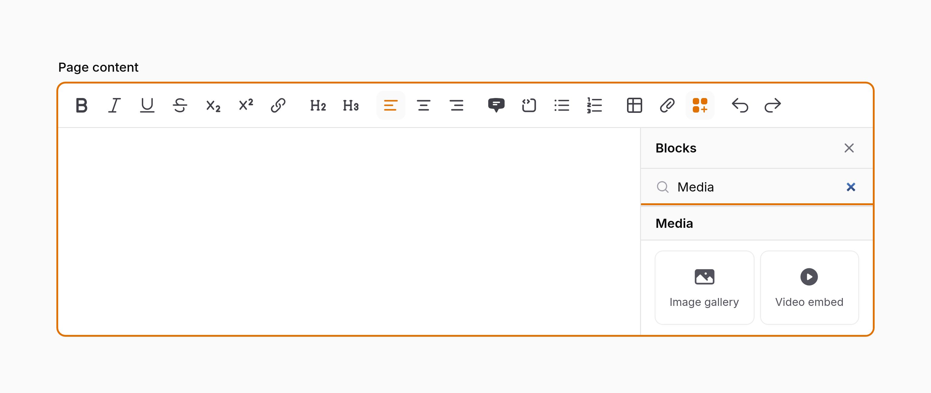 Rich editor with custom blocks filtered to the Media group, showing image gallery and video embed icons in a grid