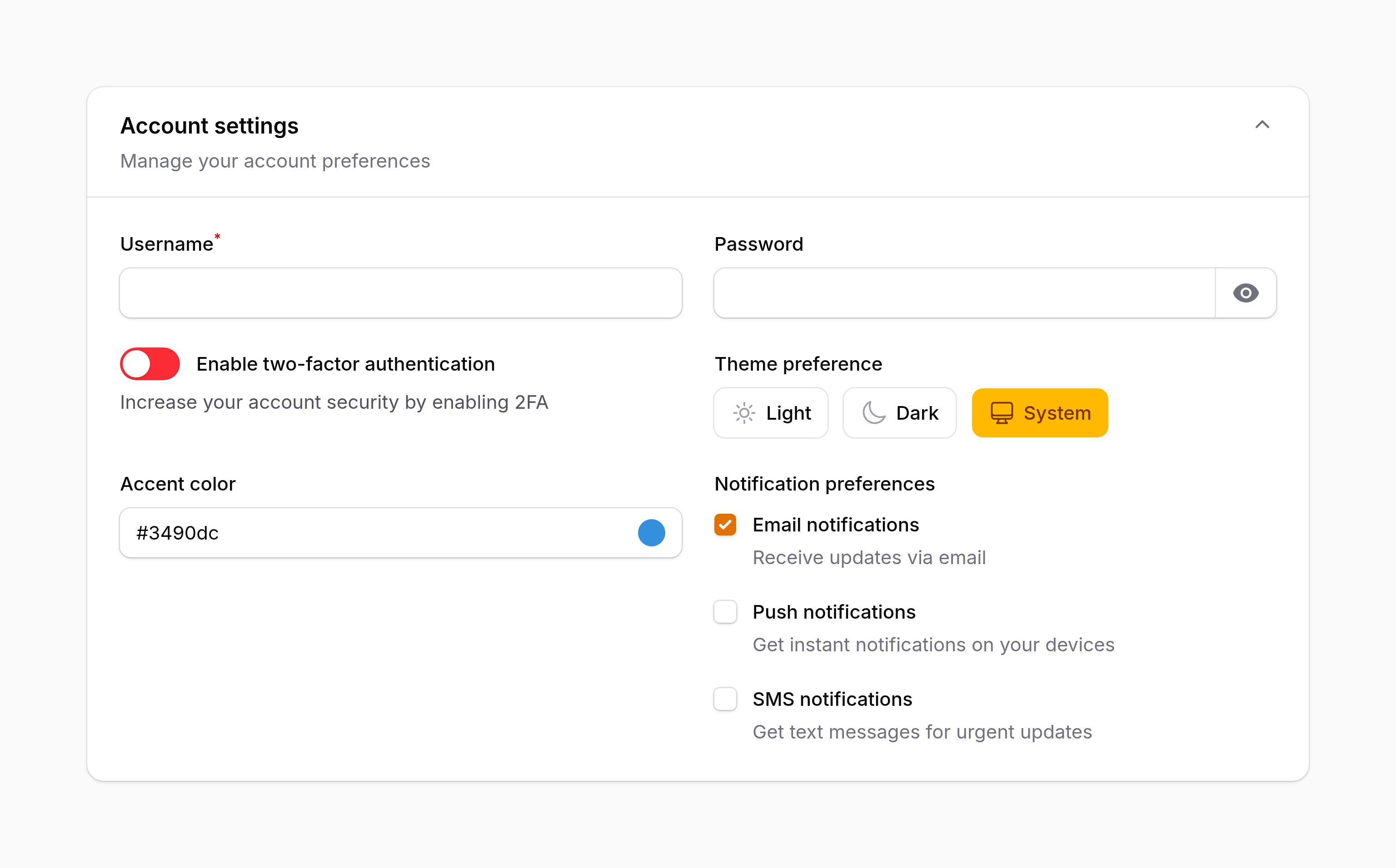 Account settings form example