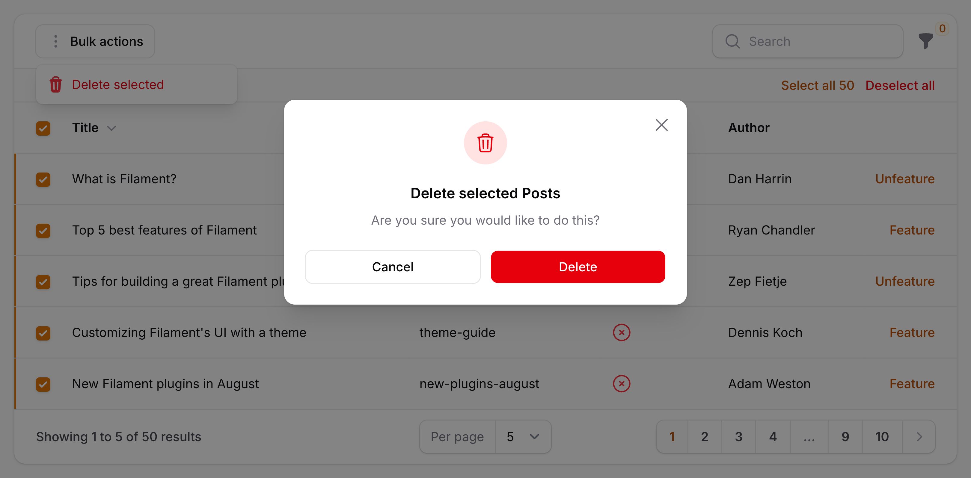 Table with action modal open