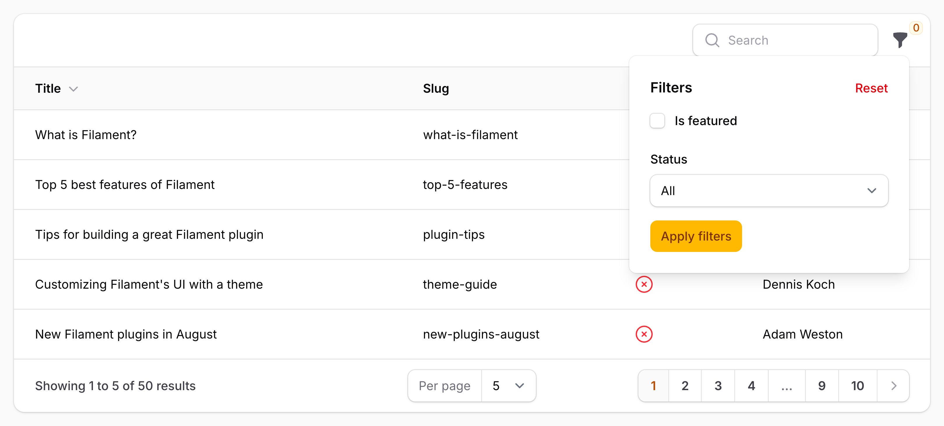 Table with filters