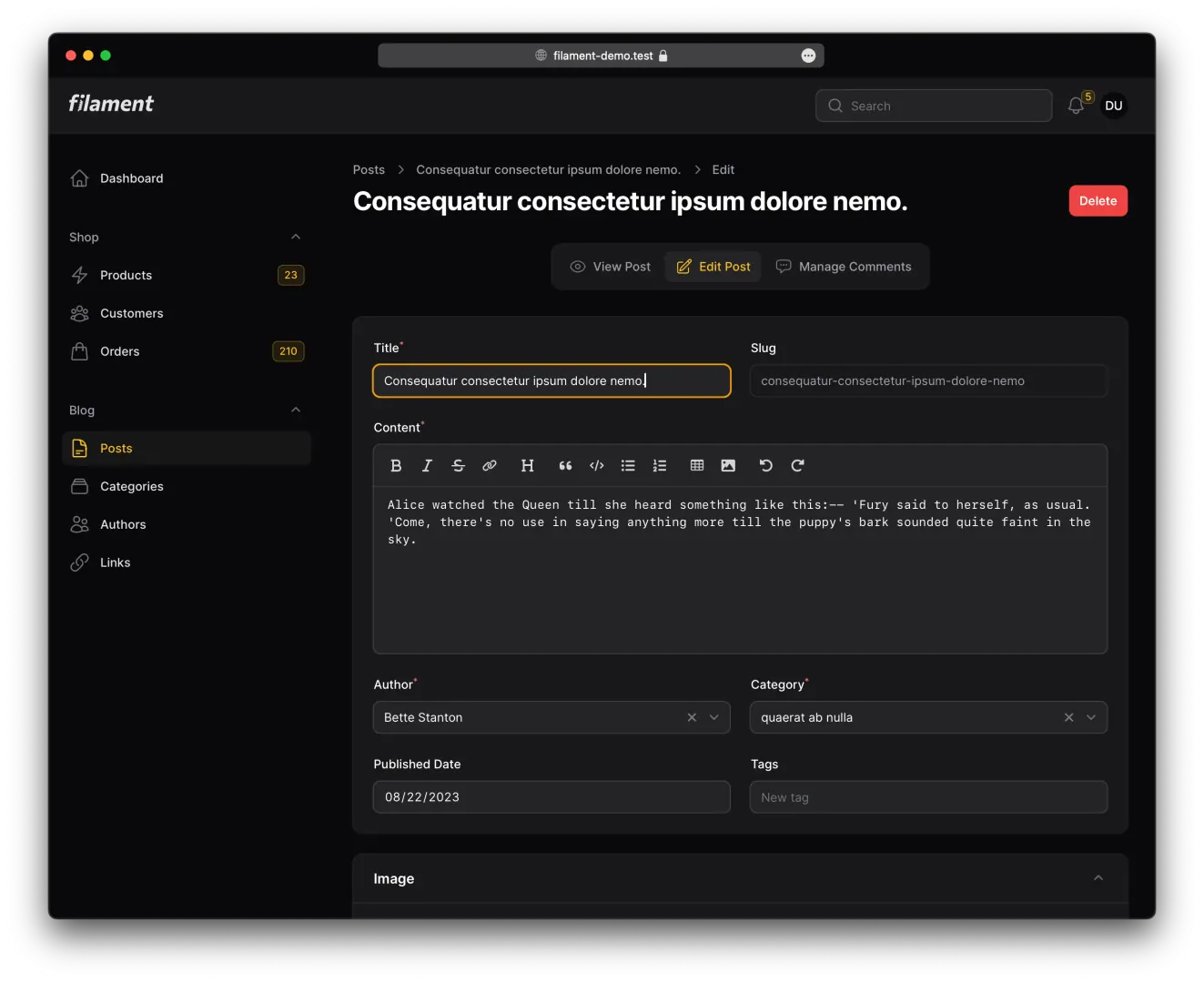 Screenshot of the edit post page in dark mode using the default Filament theme