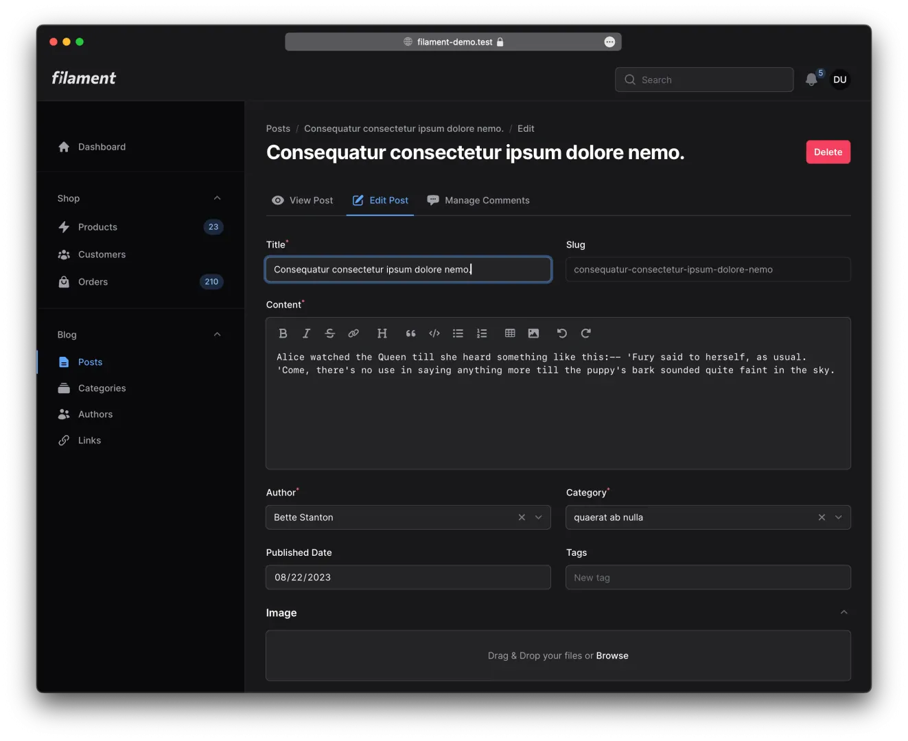 Screenshot of the edit post page in dark mode using the Filament Minimal Theme