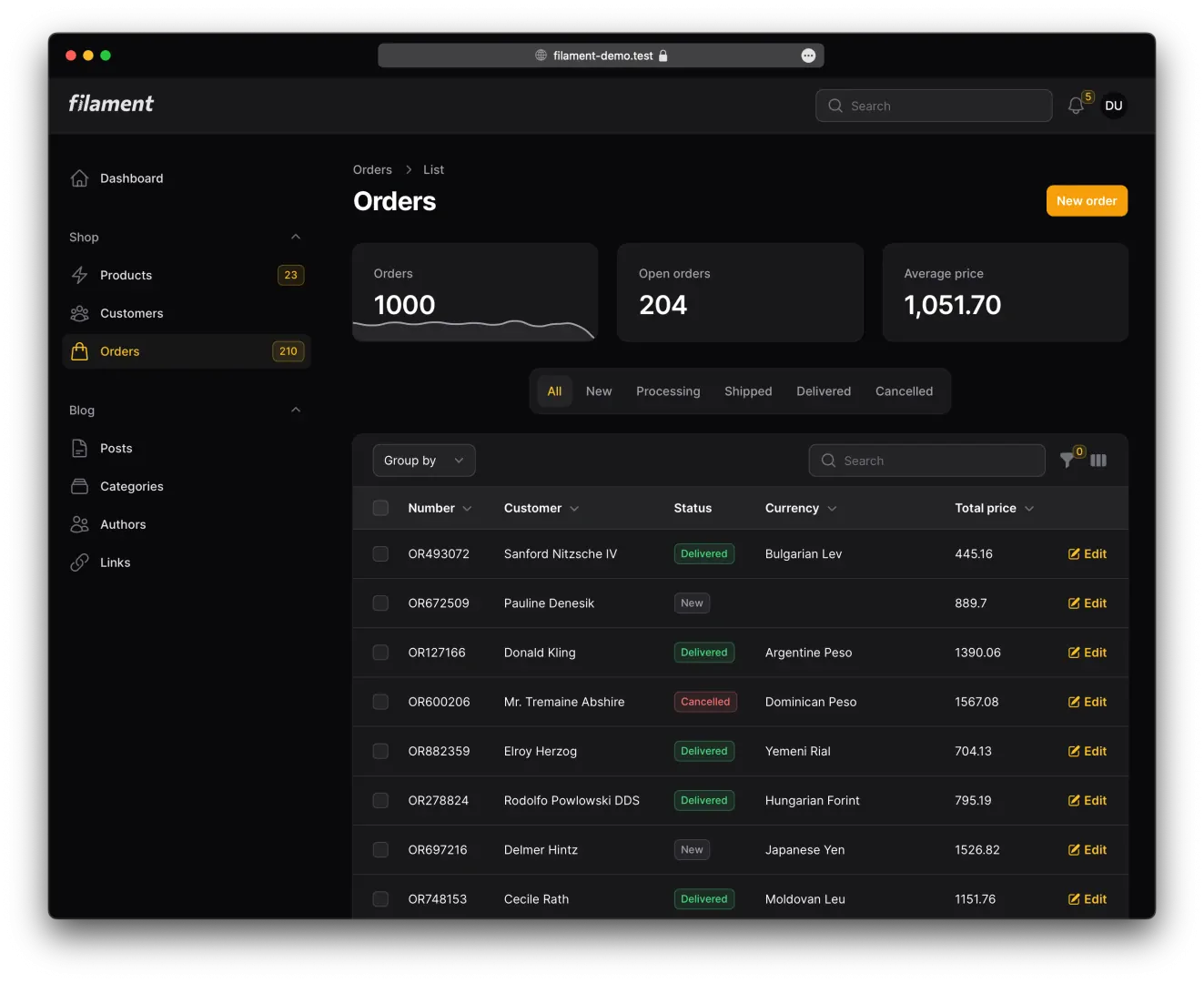 Screenshot of the list orders page in dark mode using the default Filament theme