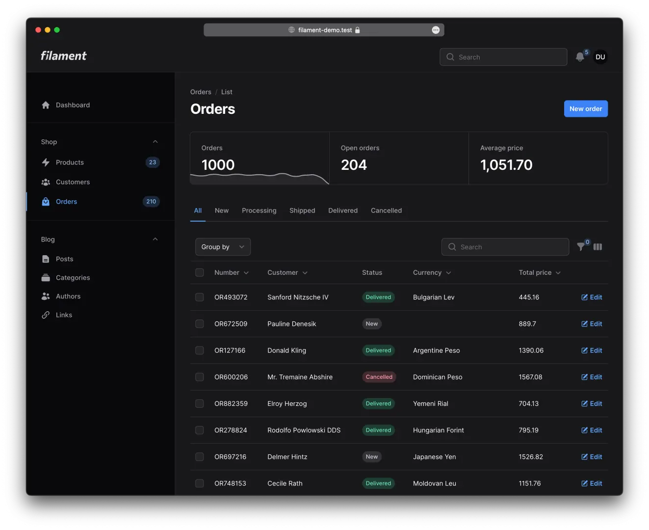 Screenshot of the list orders page in dark mode using the Filament Minimal Theme