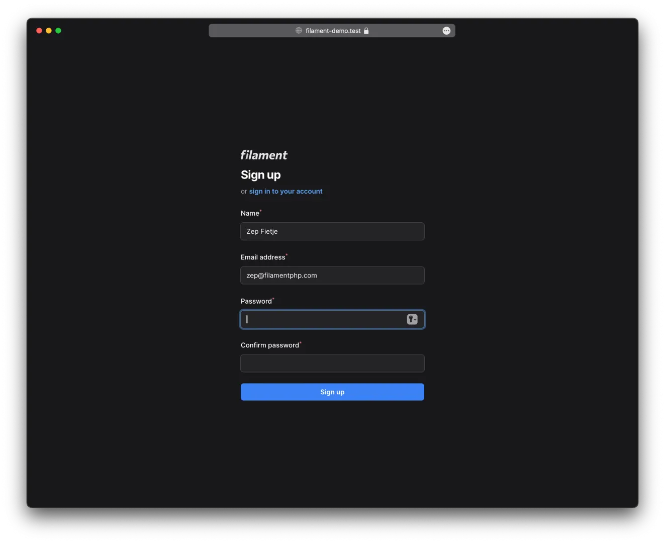 Screenshot of the registration page in light mode using the Filament Minimal Theme