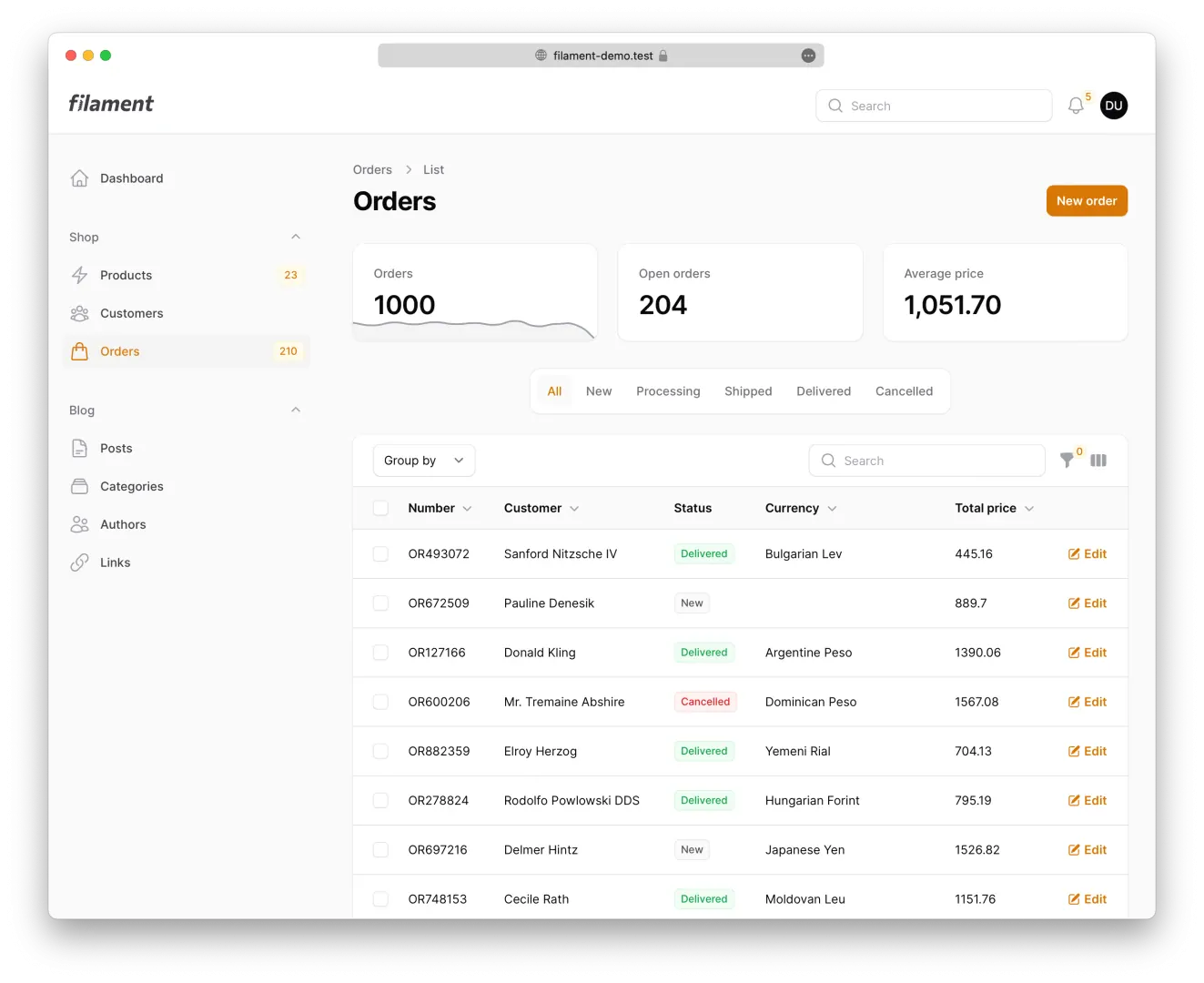 Screenshot of the list orders page in light mode using the default Filament theme