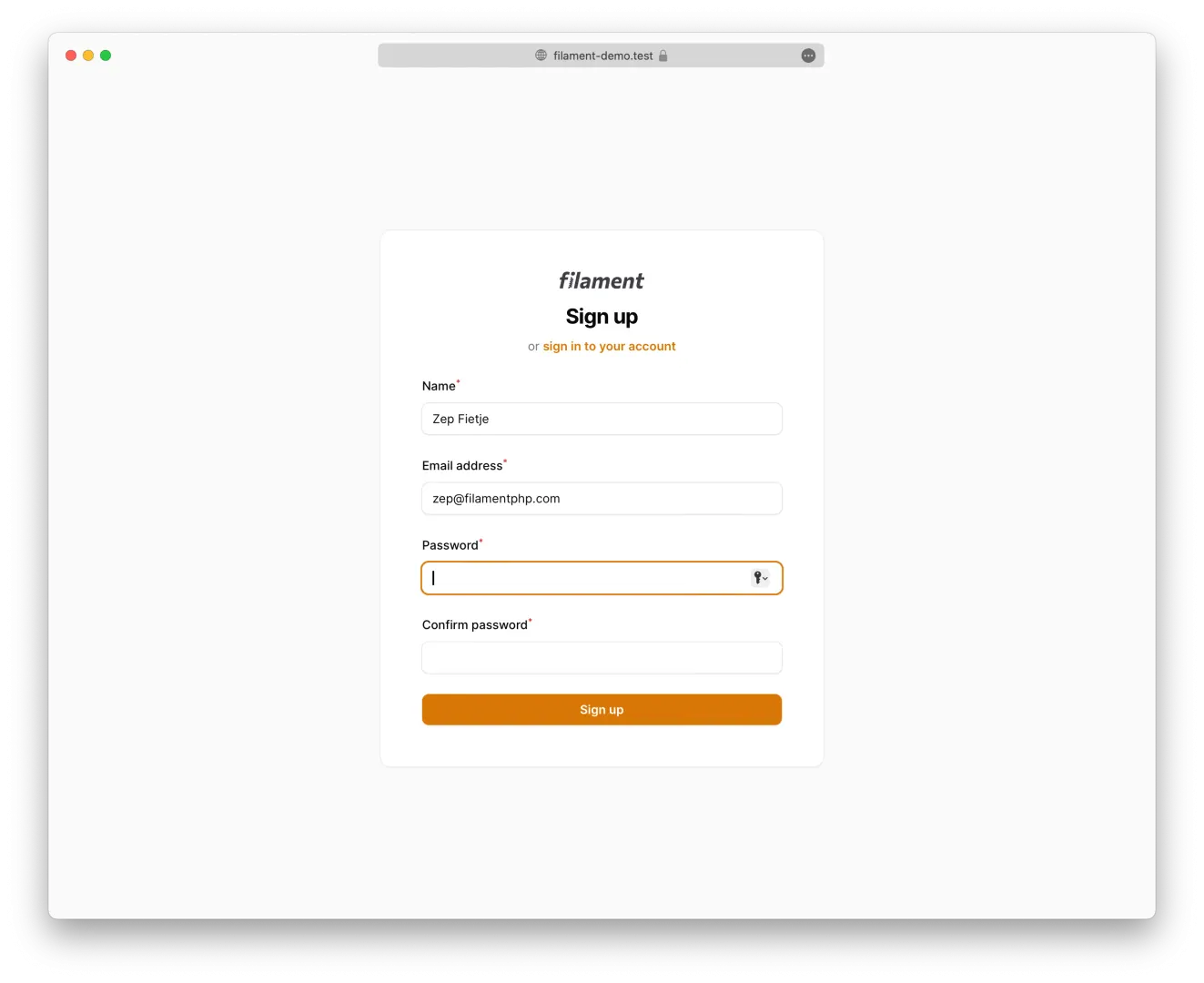 Screenshot of the registration page in light mode using the default Filament theme