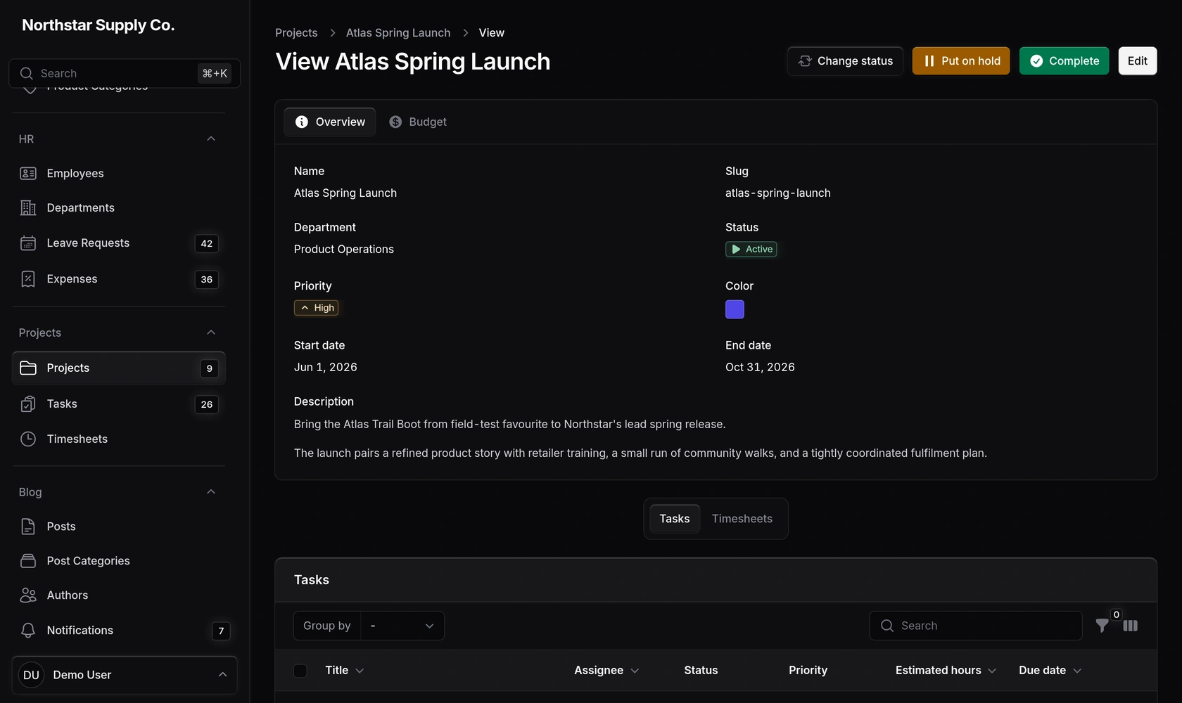 Noir project overview in dark mode with default spacing.