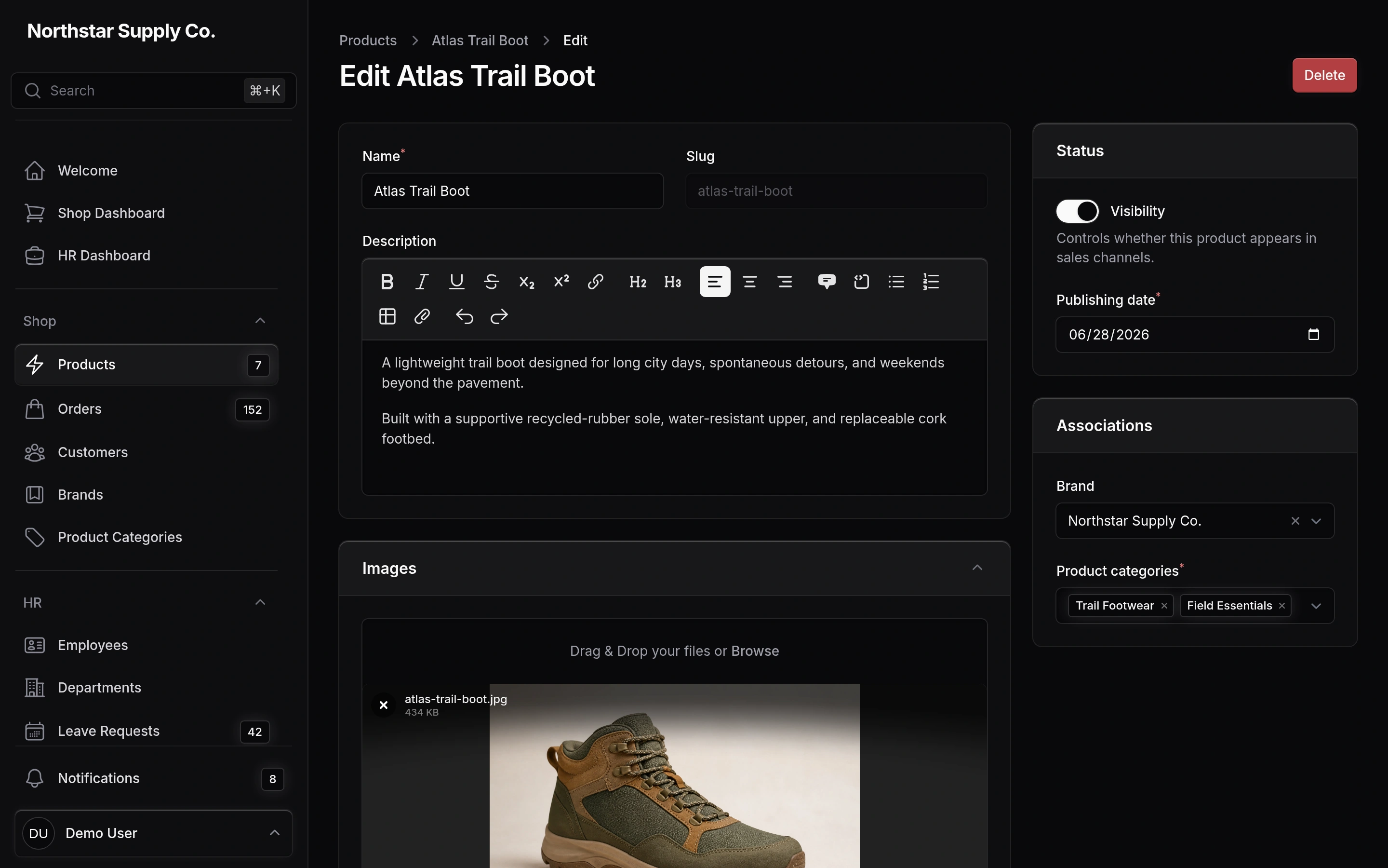Noir theme edit product page
