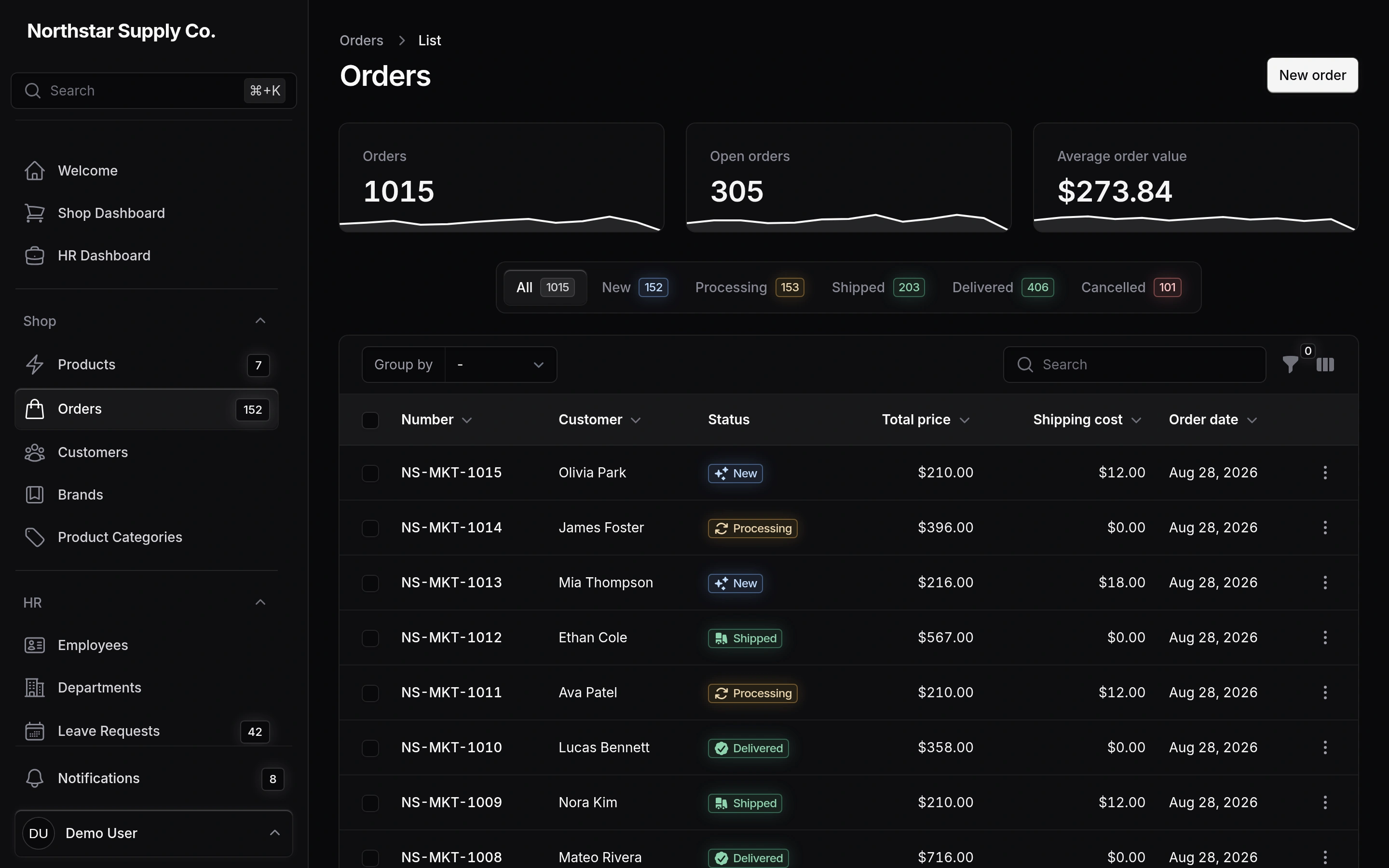 Noir theme orders page